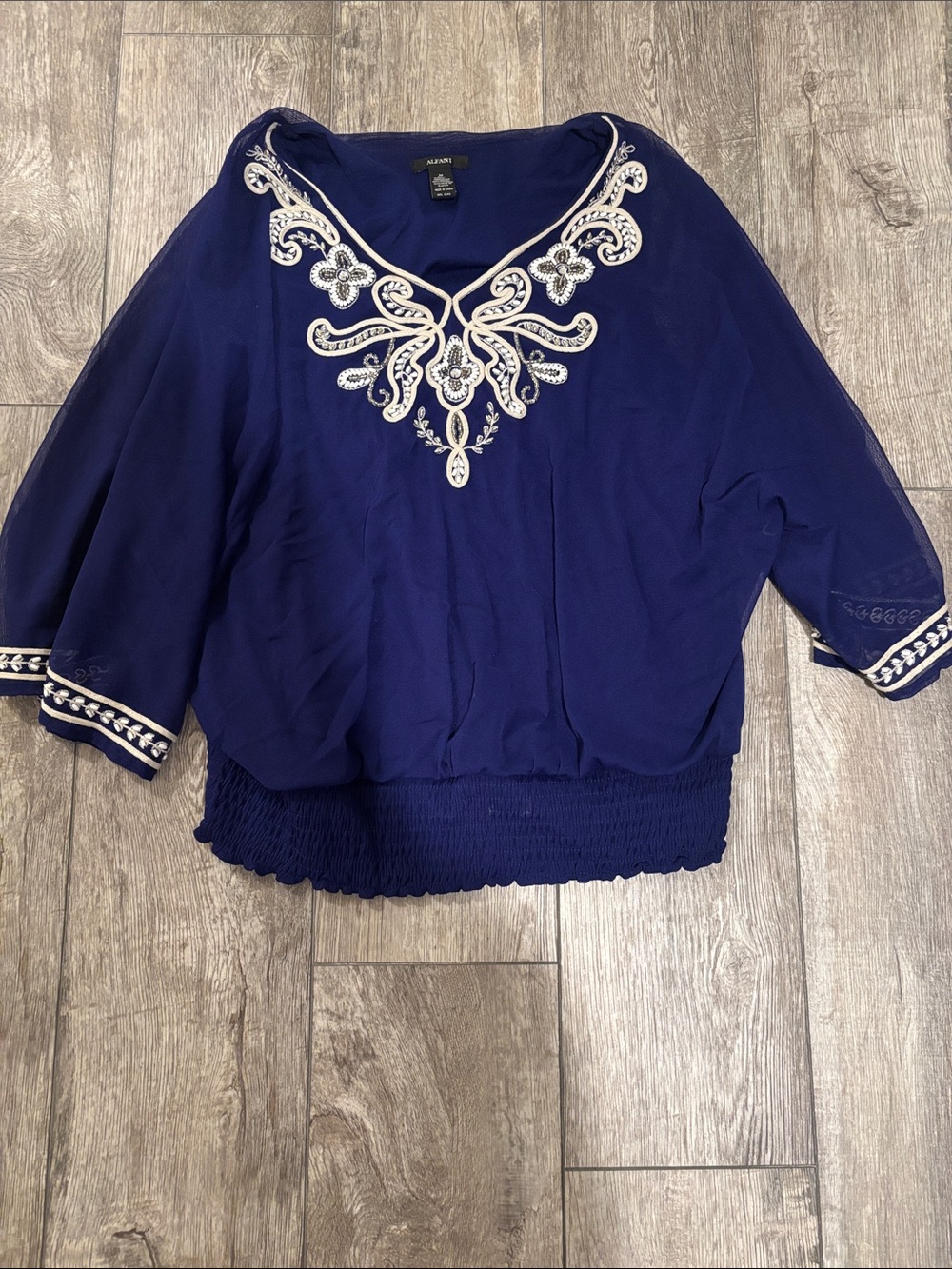 Alfani Royal Blue Embroidered V-Neck Top- Medium